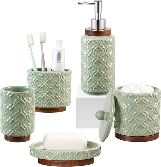 Elegant Bathroom Accessories Set 5 PCS Ceramic and Wood Bathroom Accessory Set Soap Dispenser Toothbrush Holder Tumbler Soap Dish Cotton Swab Jar Easy to Clean Quatrefoil Pattern Green