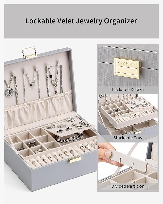Vlando 2 Layer Jewelry Box Large Jewelry Organizer for Women Removable Jewelery Tray for Necklace Earrings Rings Bracelets Jewelry Boxes Christmas Birthday Gifts for Women(Grey)