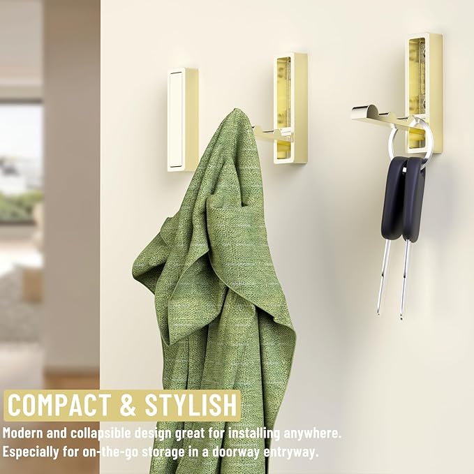 Wall Hooks for Hanging Coat, Heavy Duty Metal Hooks with Folding Storage Foldable Wall Hooks for Entryway Bathroom Kitchen Bags Towels Closet, 4Pcs Gold