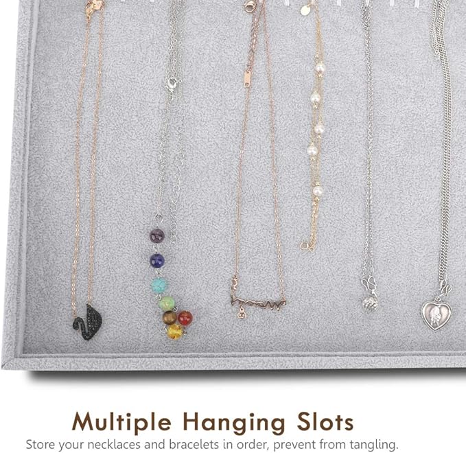 Emibele Jewelry Organizer, 20 Hooks Necklace Organizer Velvet Stackable Necklace Jewelry Showcase Display Tray for Necklace Pendant Bracelet - Grey