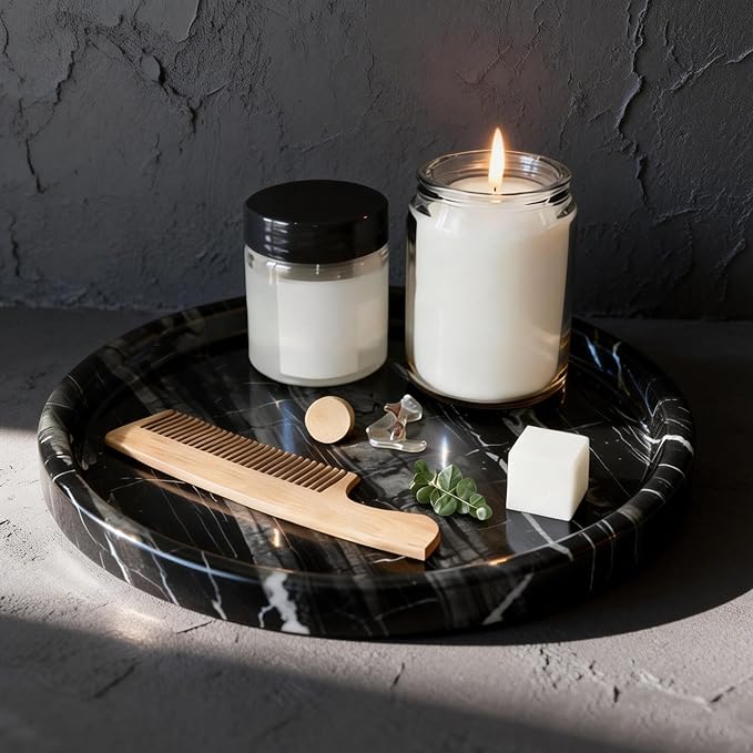 Natural Marble Tray, Round Black Tray for Bedroom/Bathroom/Kitchen/Vanity Countertop, Jewelry Tray for Rings Earrings Necklace Bracelet Watch, Room Decor Aesthetic