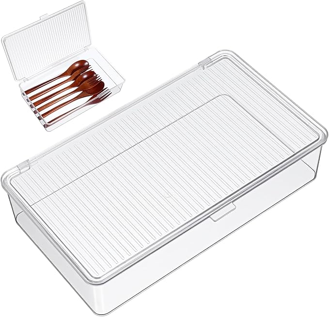 Transparent Flatware Tray Kitchen Drawer Organizer With Lid, Plastic Kitchen Cutlery Tray and Utensil Silverware Storage Container with Cover, Multi-Purpose Storage Box for Bathroom, Office, and Dorm