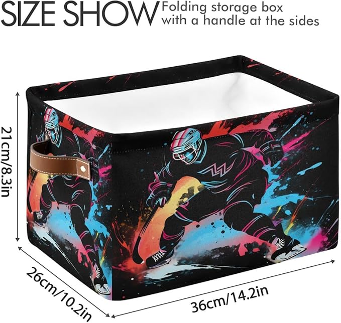 Storage Basket Colorful Abstract Ice Hockey Player Durable Canvas Collapsible Toy Box Organizer Bin with Handles for Shelf Closet Bedroom Home Office