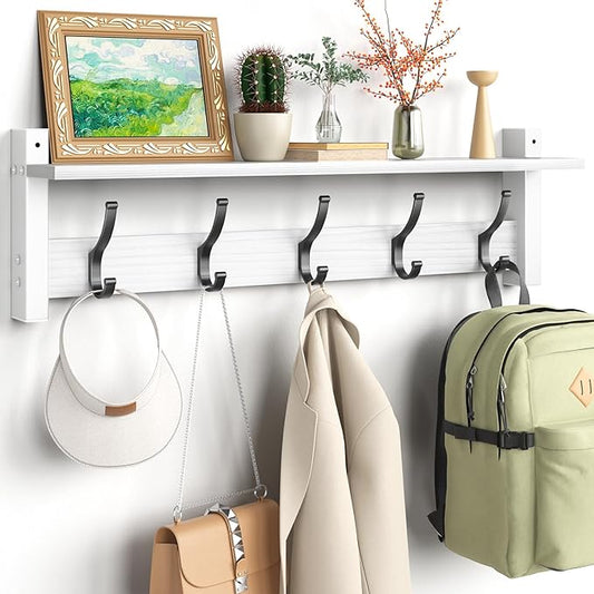Coat Rack Wall Mount with Shelf, 24 Inch Coat Hanger Walls Mounted, Hat Rack for Walls, Shelf with 5 Coat Hooks, Wall Hanger for Entryway (White)