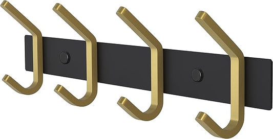 Coat Rack Wall Mount – Black and Gold Hook Rail with 4 Double Coat Hooks, 12 Inch Stainless Steel Wall Hooks for Entryway, Bathroom, Bedroom, Closet, Towel, Hat, Bag, Heavy Duty Organizer