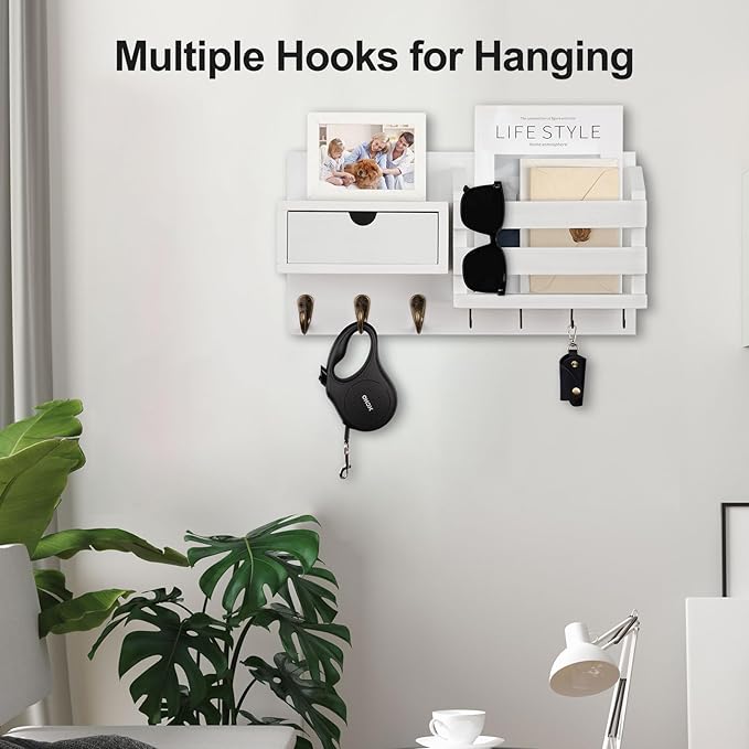 Wall Mount Key Holder with Mail Organizer, 100% Paulownia Wood, 7 Metal Hooks, Storage Drawer, Entryway Home Decor (White)