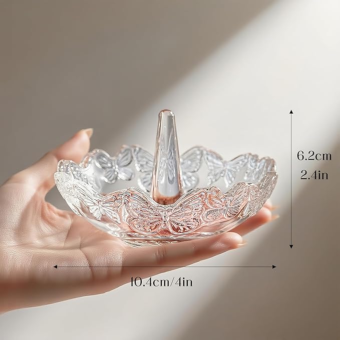 kanpura Crystal Glass Jewelry Tray with Butterfly Pattern Decorative Trinket Dish for Rings Earrings Necklaces Birthday Mother's Day Gift for Women, 4 ", Clear