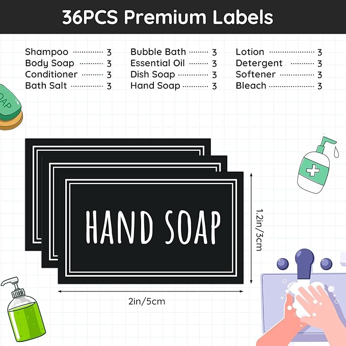 Segbeauty Waterproof Labels - 36 Pack Soap Dispenser Stickers, Shampoo Conditioner Hand Soap, Self-Adhesive Removable Bathroom Kitchen Laundry Labels