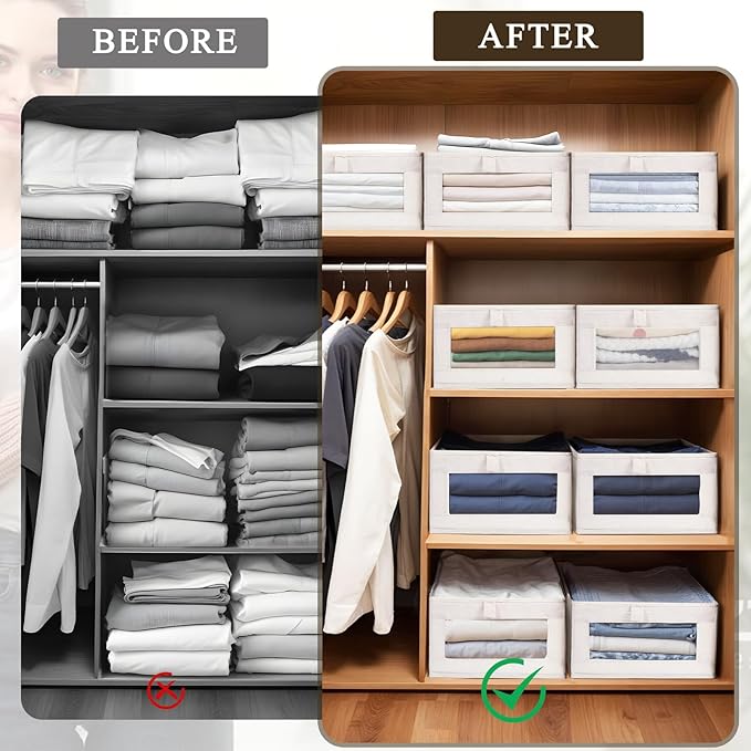 10 Pack Linen Closet Organizers And Storage, Closet Storage Bins for Closet Organization, Linen Closet Baskets Foldable Closet Organizer Bins with Clear Window For Organizing Clothing, Jeans