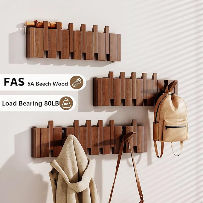Wall Mounted Coat Rack Hooks Piano Key Hangers Natural Solid Wood Hanger Non-Woven Fabric Clothes Hangers for Closet, Kitchen, Bedroom, Bathroom, Entryway (Walnut Paint, 8 Hooks)