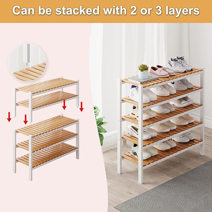 Bamboo Shoe Rack Organizer for Closet and Entryway-Space-Saving Narrow Shoe Stand-Versatile Shoe Holder for Door or Closet Shelf,Garage Bedroom can Freely Stack DIY Small Shoe Racks 2Tier Mixed color