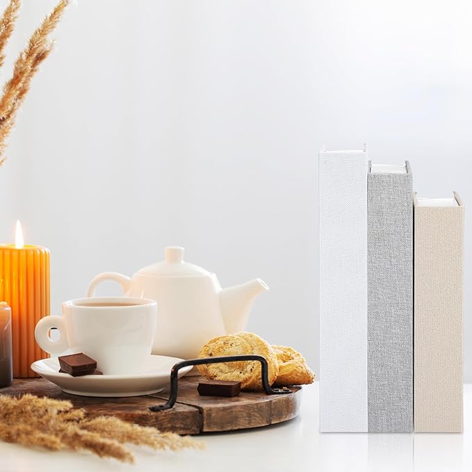 Tioncy 3 Pcs Fake Book Box Neutral Linen Book Box Decorative Faux Prop Storage for Farmhouse Home Decor shelf Table Card Photo DIY Keepsake Gift(Multi Sizes,Rice White, Light Grey and White)