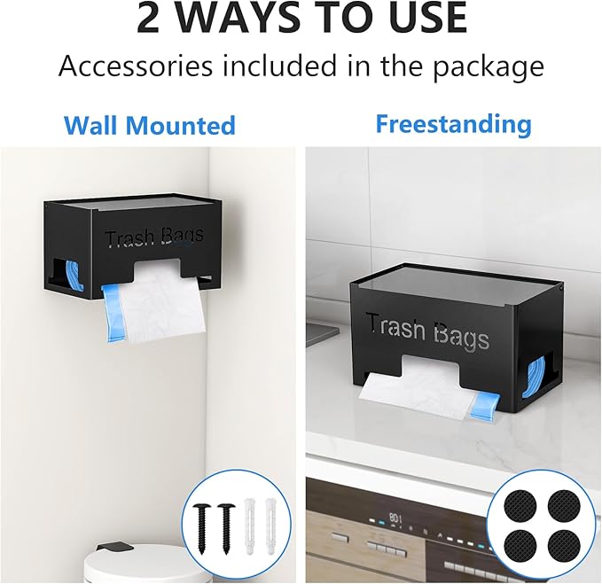 Large Trash Bag Holder Dispenser, Metal Garbage Bag Dispenser Roll Holder, Kitchen Trash Storage Organizer for Under Sink, Wall Mounted or Freestanding, Black