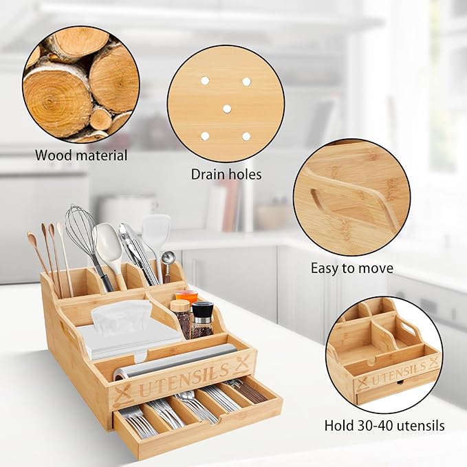Kitchen Utensil Holder with Drawer, Farmhouse Spatula Organizer for Countertop,Large Capacity Flatware Spoon Forks Knives Cooking Tool Cutlery Holder for Party Picnic BBQ with 11 Compartments (Wood)