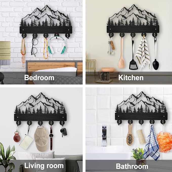 MAYJOYDIY Mountain Forest Wood Coat Rack Wall Mount, 5 Alloy Hooks Key Holder for Wall, Home Decor Gift, Nature Landscape Key Rack, Entryway Kitchen Hallway, 11.8x7.4inch