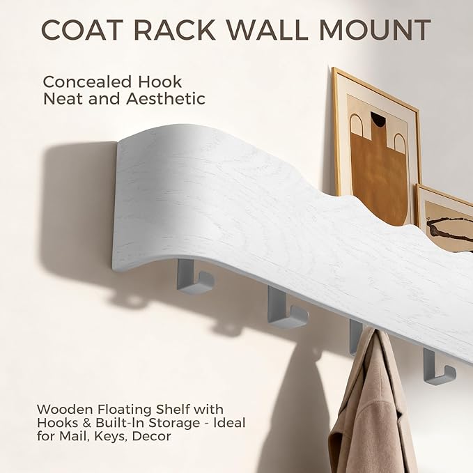 Wall Coat Rack Floating Shelves Modern Coat Rack Wall Mount with Storage Entryway Shelf Wooden Hanger 20 Inch 4 Hidden Metal Hooks for Living Room Bedroom (Wavy White, 8 Hooks)