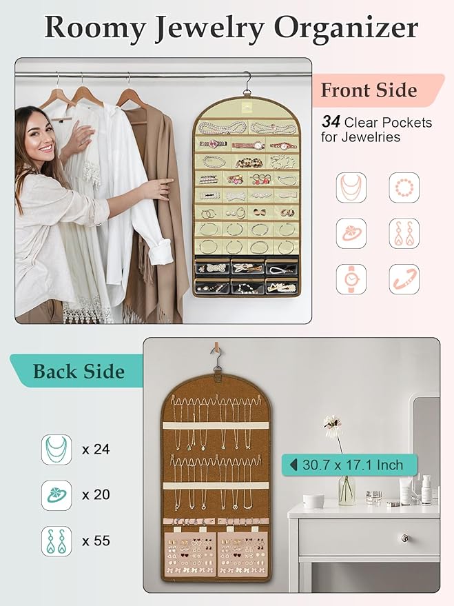 MATEIN Over the Door Jewelry Organizer with Travel Pouch, Double-Sided Hanging Necklace Earring Holder with Pockets, Large Jewelry Storage for Rings Bracelets, Valentines Gifts for Her, Beige-Brown