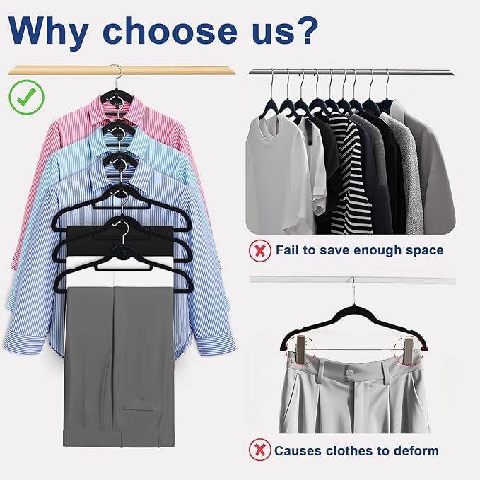 Black Velvet Hangers,Non Slip Felt Hanger，Stackable Space Saving Hangers with 360° Rotating Silver Hook,Closet Organizers and Storage Suit Clothes,Pants,Shirt,Tie,Tank Top
