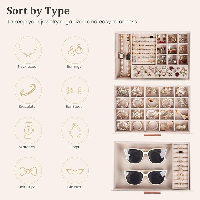 Dajasan Jewelry Boxes for Women, Jewelry Organizers and Storage with 2 Drawers, Large Jewelry Organizer Box for Necklaces Rings Earrings Bracelets, Gift Idea, Modern Style (Beige)