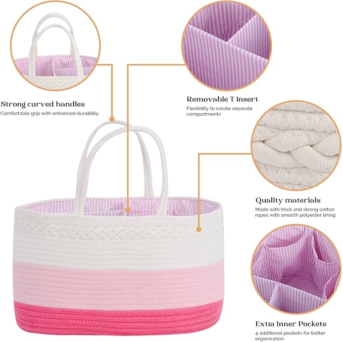 luxury little Diaper Caddy Organizer for Changing Table, Baby Diaper Basket, Portable Storage Basket, Wipes, Car Organizer, Nursery, Baby caddy (Pink)