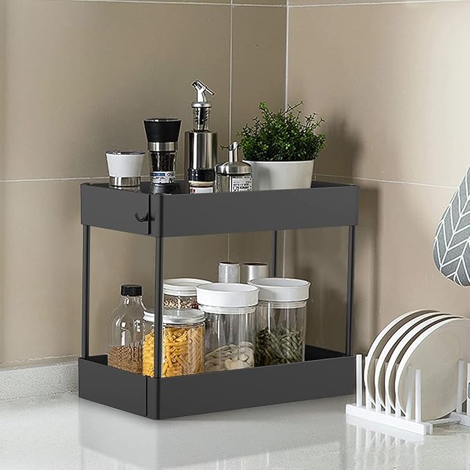 Under Sink Organizer, Under Bathroom Sink Storage 2 Tier Organizer Bath Collection Baskets with Hooks, Under Sink Shelf Organizer Rack, Multi-purpose Under Sink Storage for Bathroom Kitch(Color:Black)