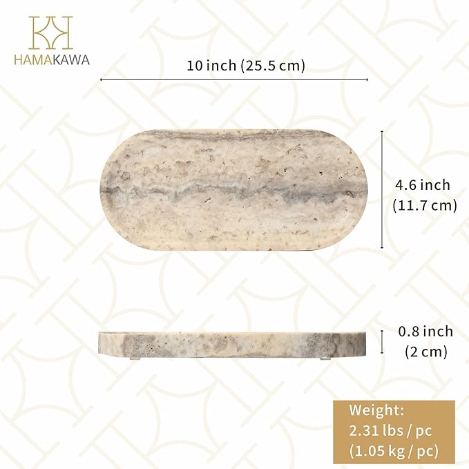 Bathroom Vanity Tray, Natural Marble Oval Tray 10 inch, GreyTravertine Vanity Tray for Soap Dispenser Modern Countertop Organizer for Kitchen Countertops, Home Decor