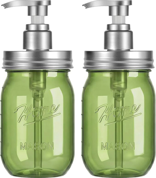 Amolliar Plastic Mason Jar Soap Dispenser with Pump Lid,16OZ Refillable BPA-Free Hand Soap Dispenser Set with Cute Lables, Farmhouse Decor for Kitchen/Bathroom, Liquid Dish Soap, Lotion(2 Pack, Green)