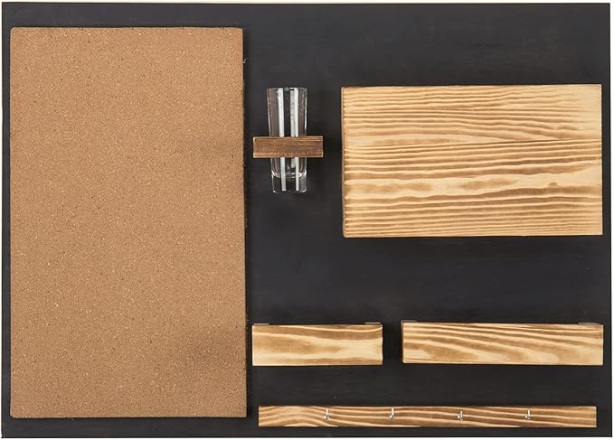 MyGift 25 x 19 Inch Wall Mounted Dual Tone Solid Wood Entryway Organizer with Cork Bulletin Board, Mail Holder, Glass Flower Vase, and 4 Hanging Hooks for Keys