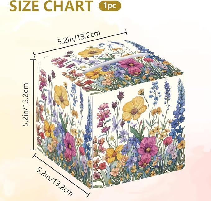 Wild Flowers Tissue Box Holder, Vintage Floral Square Tissue Box Cover Foldable Tissue Storage Box Waterproof Paper Towel Case Container Organizer Tissue Box Holder for Bedroom Office Car