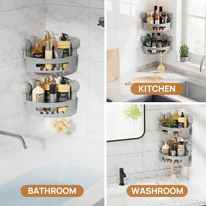 LEVERLOC Corner Shower Caddy Suction Cup, shower shelves suction cup, 2 Pack Basket Powerful Bathroom, Waterproof & Oil-proof Organizer for Kitchen, No-Drilling Removable (Grey)