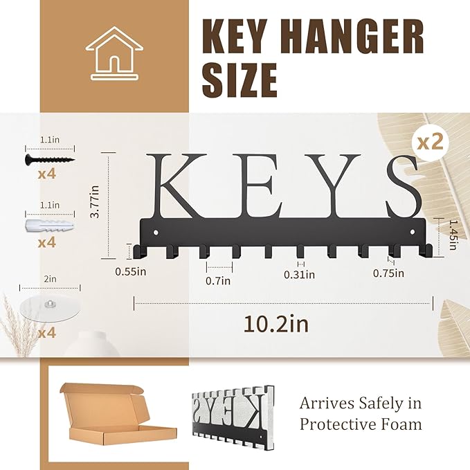 GPANDAG 2 Pack Key Holder Wall Mount with 20 Key Hooks, 10.2"x3.6" 20LB Metal Key Hanger for Kitchen/Living Room/Entryway/Apartment | Key Rack Hold Coat, Leash, Christmas/Home Decor | Dual Mount, KEYS