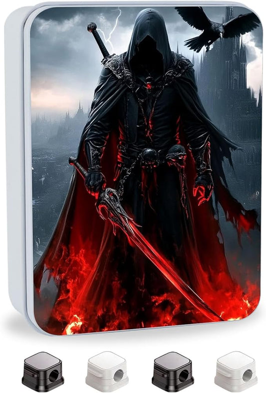 Metal Tin Box with Lid,Multi-functional Storage Box Can Store Tea Biscuits Game Cards, Playing & Tarot Cards-Comes with 4 Magnetic Cord Clips,Dark Warrior with Red Sword