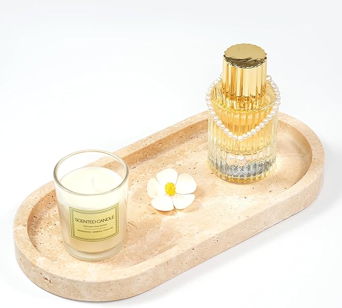 Travertine Marble Oval Tray - Stone Decorative Perfume Trinket Jewelry Dish, Catchall Organizer for Bathroom Vanity Dresser Kitchen Countertop Home Decor