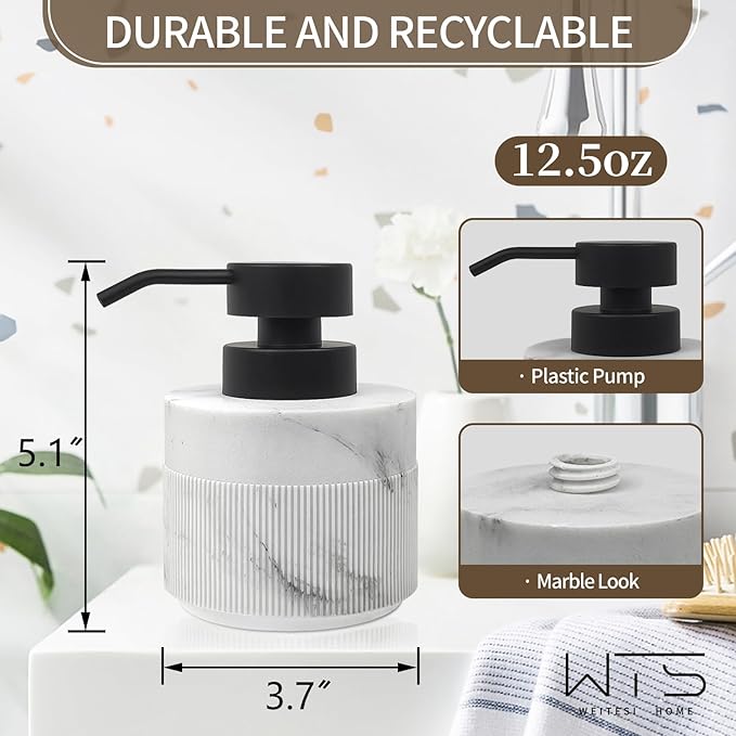 2pcs/Set 12.5oz Marble White Hand Soap Dispenser Sets, Resin Liquid Soap Dispenser with Rust Proof Pump for Bathroom Countertop, Kitchen Refillable Liquid Bottle for Lotion, Body Wash
