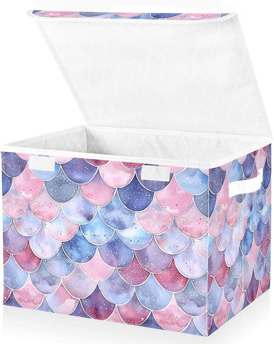 senya Baskets Collapsible Storage Bins with Lids, Purple Watercolor Mermaid Scales Storage Boxes Clothes Baskets for Organizing