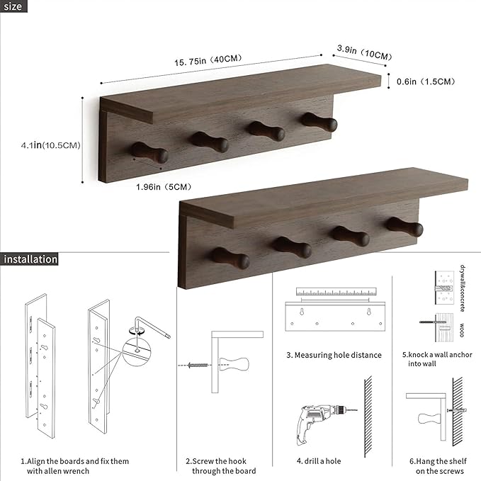 Entryway Coat Rack Hooks with Shelf, Sturdy Wooden Floating WallOrganizer Shelf with 4 Hooks siutable for Entrance, Mudroom, Kitchen, Bathroom,.etc(2pc-Walnut Finish)