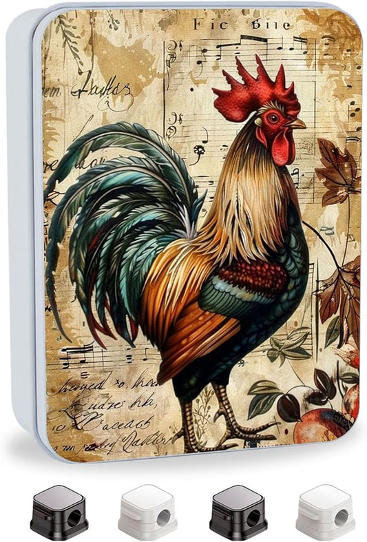 Metal Tin Box with Lid,Multi-functional Storage Large Box Can Store Tea Biscuits Game Cards, Playing & Tarot Cards-Comes with 4 Magnetic Cord Clips,Vintage Rooster Art