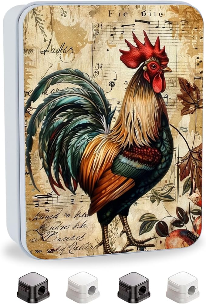 Metal Tin Box with Lid,Multi-functional Storage Box Can Store Tea Biscuits Game Cards, Playing & Tarot Cards-Comes with 4 Magnetic Cord Clips,Vintage Rooster Art