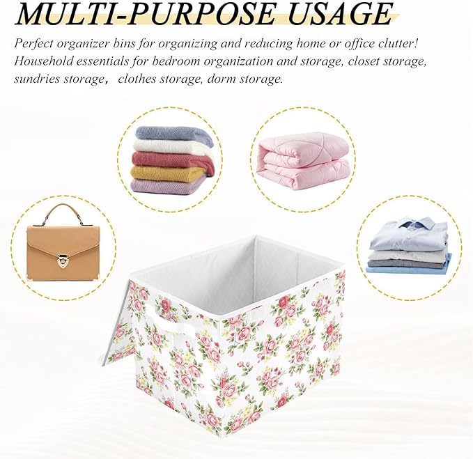 senya Flower Baskets Collapsible Storage Bins with Lids, Pink Rose Flower Floral Storage Boxes Clothes Baskets for Organizing