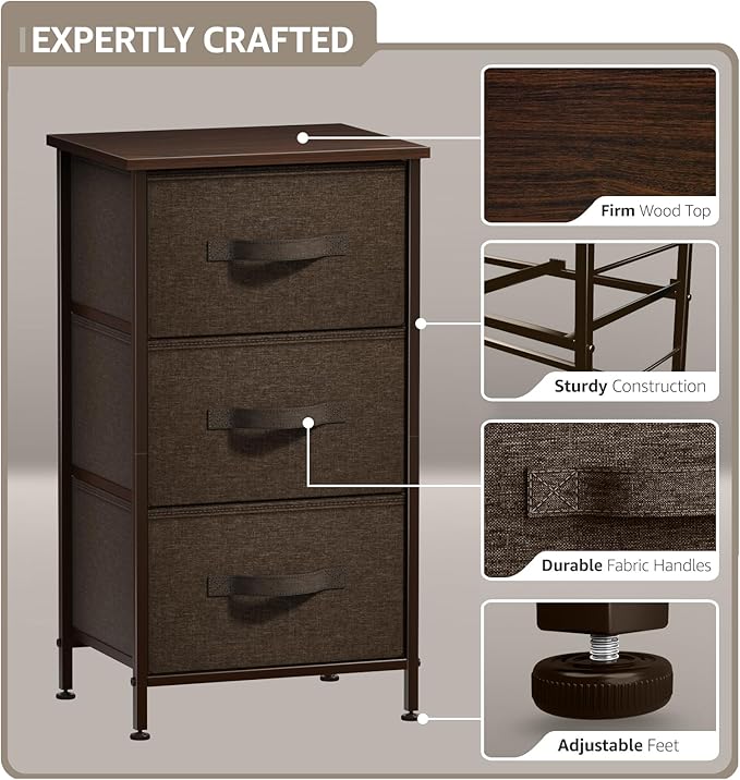Sorbus Nightstand with 3 Drawers - Bedside Furniture & Night Stand End Table Dresser with Steel Frame, Wood Top, Easy Pull Fabric Bins for Home, Bedroom Accessories, Office & Dorm