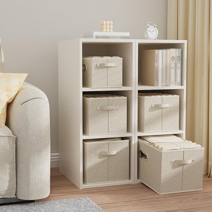 Open Storage Baskets, Collapsible Cube Bins, Fabric Container Organizer with Metal Handles, Boxes for Shelves, Closet, Living Room, 10.2x7.9x6.7in, Grey and Beige, 2 Pack