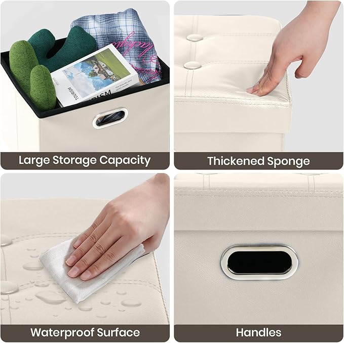 COSYLAND Storage Ottoman Foot Rest - 17x13x13in Leather Ottoman Rectangle Foot Stool Folding for Room Dorm Small Collapsible Bench Seat Organizer Entryway Furniture with Handles Lid Beige