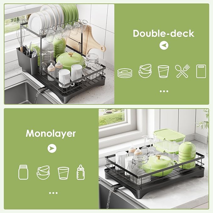 Dish Drying Rack, Dish Racks for Kitchen, 1 Tier or 2 Tiers Large Dish Drainer Organizer with Utensil Holder, Kitchen Counter Organizers and Storage Rack with Drainboard, Screw-Free Mounting (Black)