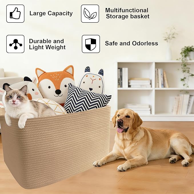 Magazine & Newspaper Baskets,Large Woven Rope Blanket Basket,24"x16"x15"Storage Bin with Handle,Toys Storage,Laundry Basket for Home Organization/Living Room/Nursery/Bedroom,Jute