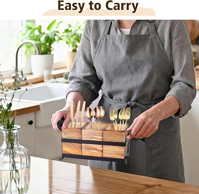 Wooden Silverware Caddy with 3 Detachable Compartments & Portable Handle - Farmhouse Countertop Organizer for Forks/Spoons/Knives, Cutlery Holder for Party, Kitchen & Dining