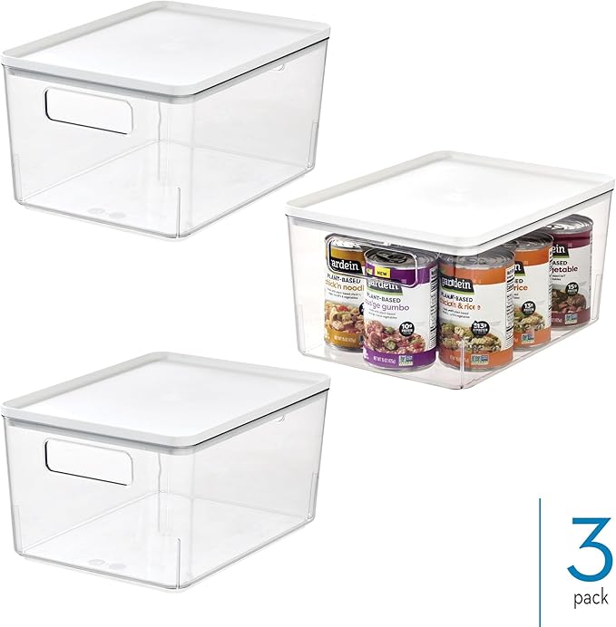 iDesign Pantry Bin with Removable Lid - Plastic Storage Bin with Handles, Set of 3, Clear/White