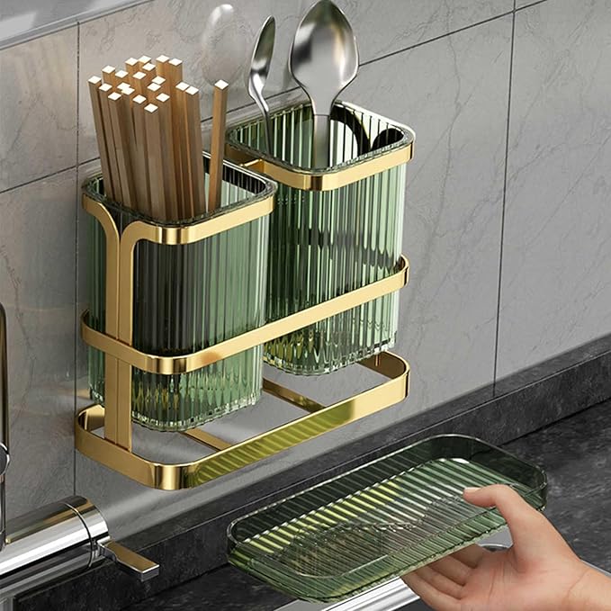 Toothbrush Holders for Bathrooms, Toothbrush Holder Wall Mounted, Kitchen Utensil Holder, 2 Cups Dry & Wet Separation, Kitchen Bathroom Tooth Brush Holder Organizers and Storage (Green Gold)