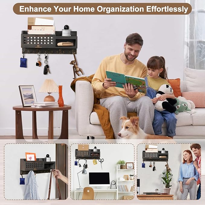 Key and Mail Holder Wall Mount - Mail Organizer Wall Mounted with Hooks and Storage Box, Key Rack for Entryway, Wall Mail Organizer for Home, Modern Farmhouse Decor, Easy Install Key Hanger (Black)