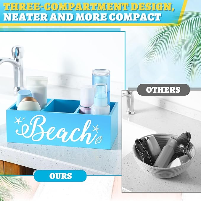 Beach Storage Basket Blue Summer Beach Wooden Box with 3 Compartments Toilet Tank Tray for Indoor Outdoor Swimming Pool Decor Sunblock Sunglasses Pool Toy Storage Box