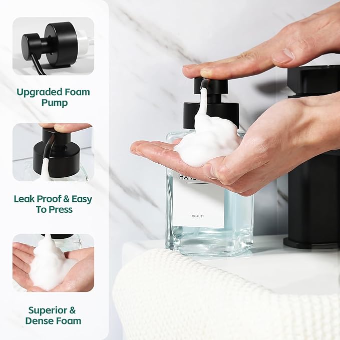Foaming Soap Dispenser, 12oz/350ml Glass Foaming Hand Soap Dispenser Set, 2Pcs Refillable Foam Soap Dispenser With Foaming Pump, Labels, Square Foam Soap Hand Dispenser For Bathroom, Kitchen